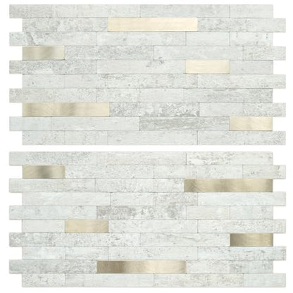 AULIGET 2 Sheets Faux Stone Peel and Stick Backsplash, Beige Stone Look PVC Wall Tile Stick on Backsplash for Kitchen and Bathroom - color: Beige Stone + Metal Gold, size: 2 Sheets, 6"x12"x0.12"