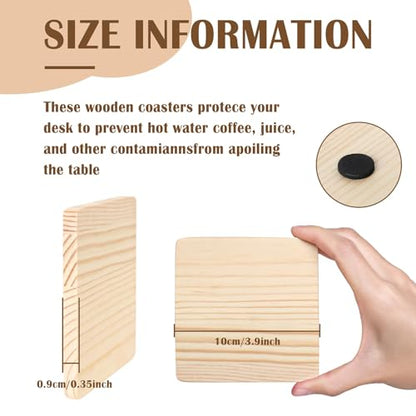26 Pack Unfinished Wood Coasters, 4 Inch Square Blank Wooden Coasters Crafts Coasters with Non-Slip Silicon Dots for DIY Stained Painting Engraving Burning Home Christmas Decoration