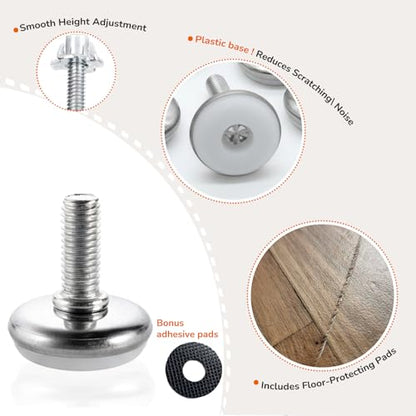 M8 Heavy Duty Furniture Levelers 4-Pack with T-Nut Inserts & Rubber Pads