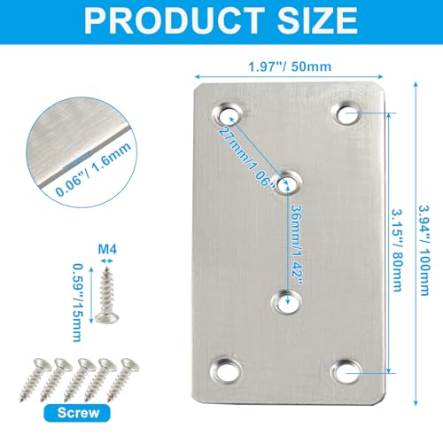 Murtenze 12 Pack Flat Mending Plate, 100 x 50mm Stainless Steel Straight Brace Repair Joining Fixing Bracket for Wood Furniture - size: 100 x 50mm