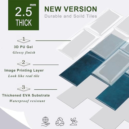 STICKGOO 10-Sheet Subway Tile Peel and Stick Backsplash, Self Adhesive Vinyl Wall Tiles, Stick on Backsplash for Kitchen and Bathroom(Thicker Design) - color: Ocean Blue