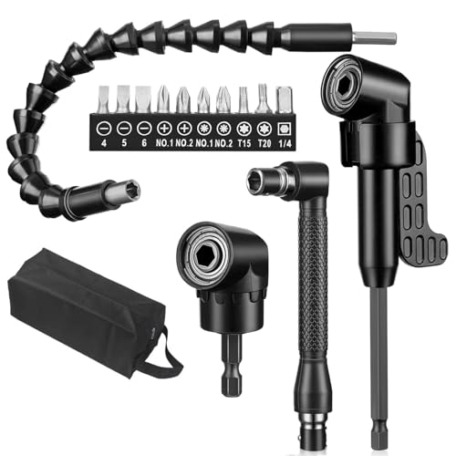 15 Pcs Flexible Drill Bit Extension Set 1/4 Inch Hex Shank Bendable Drill Bit Extension 105 Right Angle Drill 90 Right Angle Screwdriver Bits 10 Short Screwdriver Bits Electric Hand Tool - color: 15pcs