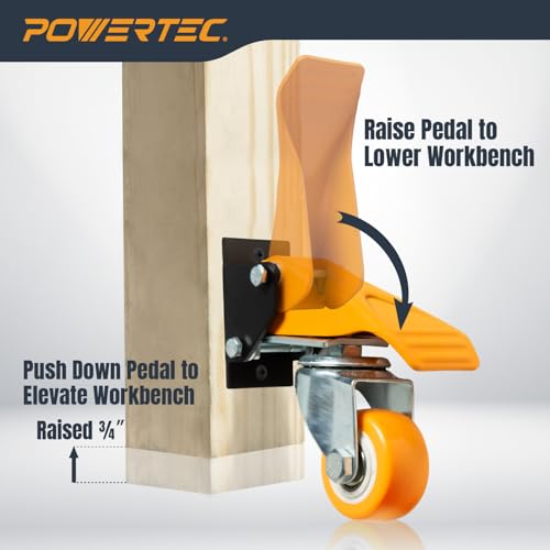 POWERTEC 2-1/2" Workbench Caster Kit – Set of 4 Retractable Stepdown Wheels, 600 lb Capacity for Workbenches, Tables, Stands & Equipment (17224) - size: 2-1/2"