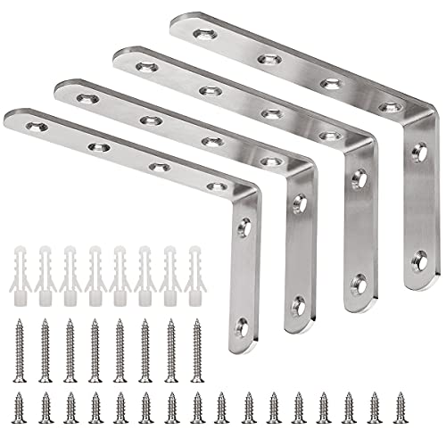 YUMORE L Bracket, 5" x 3" Max Load: 35lb/15KG Heavy Duty Stainless Steel Solid Shelf Support Corner Brace Joint Right Angle Bracket, Pack of 4 - color: Brushed Nickel, size: 5inch