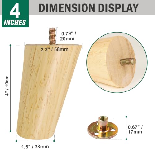 FoDau770 Rubber Wood Legs 4", Slant Taper, 5/16"-18 Thread, 4pcs - color: Varnish, size: 4 Inch - Slanted (80°)