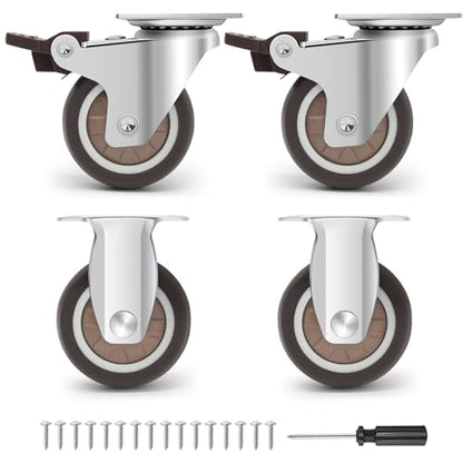 Caster Wheels 2 Inch - 2 Fixed & 2 Swivel with Brakes Casters Set of 4, Silent Rubber Casters Non Marking Castor Wheels for Furniture, Plate Swivel Caster for Indoor and Outdoor Use - size: 2 INCH (2 RIGID & 2 SWIVEL)
