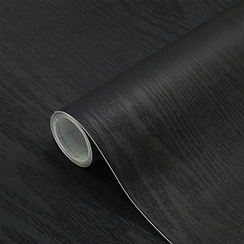 seonta Black Grain Wood Textured Wallpaper Vinyl Film Self Adhesive Wall Paper Removable Peel and Stick Contact Paper for Shelf Liner Countertop Desk Table Cabinets 16"x198" - color: Black, size: 16" x 198"