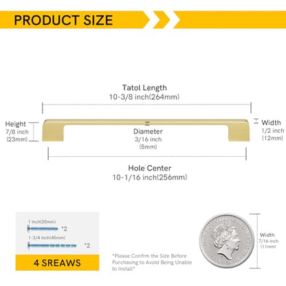 Rergy Cabinet Handles, Brushed Gold Drawer Pulls, 10", 10 Pack - color: Brushed Gold, size: 10"/256MM Hole Center