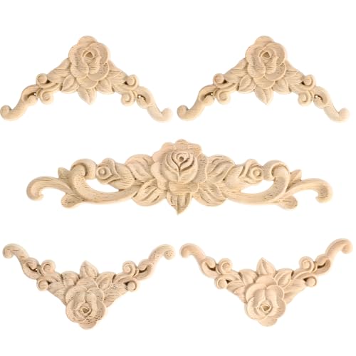 5 Pcs Wood Rose Appliques Onlays Set Decorative Wood Appliques for Furniture Victorian Furniture Decorative Wooden Trim Handmade Carved Unpainted Corner for Bed Door Cabinet