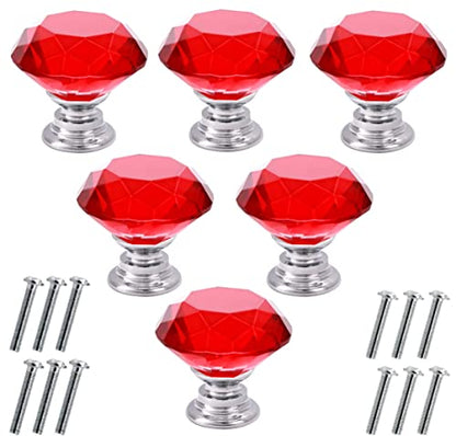 Akstore 6 Pcs Crystal Glass Cabinet Knobs 30mm Diamond Shape Drawer Kitchen Cabinets Dresser Cupboard Wardrobe Pulls Handles (Red, 30mm) - color: Red, size: 30 mm