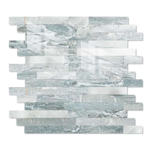 Yipscazo 5 Sheets Peel and Stick Stone Metal Tile Backsplash, Stick on Tiles for Backsplash Kitchen, Bathroom, Laundry Room, Camper, Fireplace (12'' X 12'', Polished Cyan) - color: Polished Cyan