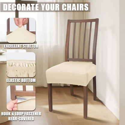 JQinHome Waterproof Dining Chair Seat Covers Set of 4 | Soft Removable Washable Chair Covers for Dining Room,Rear Gap Hook-and-Loop| Elastic Non-Slip, Full Rear Coverage | Beige - color: Beige, size: 4PC