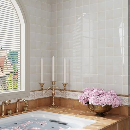 CRE8TIVE 4 Sheets Cream Beige Peel and Stick Tile Backsplash, Square Tiles Stick on Backsplash for Kitchen, 12"x12" Self Adhesive Waterproof Wall Tile Stickers for Bathroom, Laundry Room, Living Room - size: 12"x12" (4-Sheets)