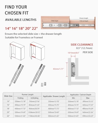 Soft Close Drawer Slides 14 Inch Side Mount Glides 10 Pair, 3-Fold Full Extension Ball Bearing Cabinet Drawer Rails, Heavy Duty Track for Office Desk Drawer Bedroom Nightstand Drawer - size: 14 Inch Drawer Slide