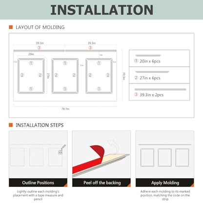 Peel and Stick Wainscoting Panels, 3 Set 20"x27" Wall Molding + 2pcs Chair Rail Trim, Pre-Cut Self Adhesive Premade Molding Panel for Bathroom Hallway Door Nursery Wall, Ready to Assemble