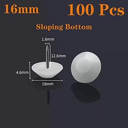 16mm White Nylon Furniture Sliders Nail On - Chair Leg Floor Protectors Nail - Nylon Chair Glides with Nail White Sliders Head, Chair, Table Leg Feet Protector Nail（Sloping Bottom 100 Pcs） - size: 16mm（Sloping Bottom）