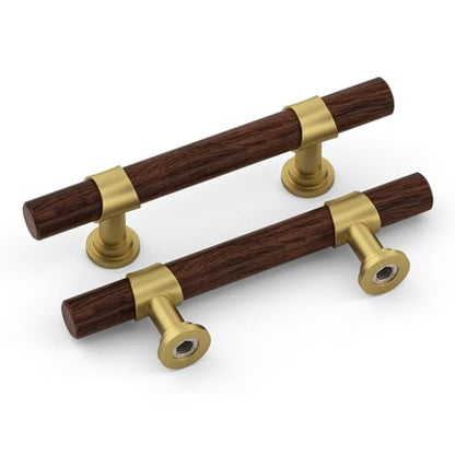 homdiy 10 Pack 3 Inch Hole Center Wood Cabinet Pulls Gold Cabinet Handles - color: Walnut Wood Grain& Matte Gold, size: 3 in Hole Centers