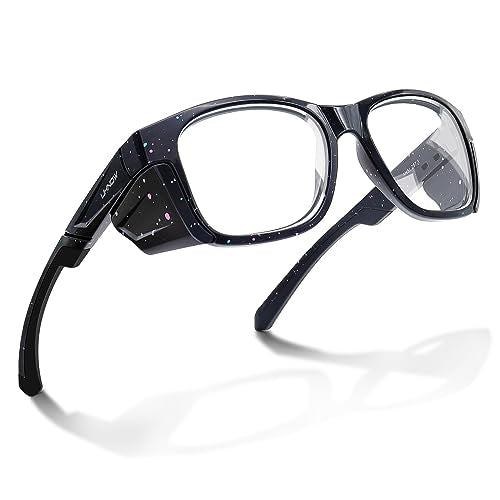UKNOW Safety Glasses - Anti Fog Lenses - Eye Protection with Side Shields - ANSI Z87.1 Protective Eyewear - UV Protection - color: Black With Blue & Pink Splatters