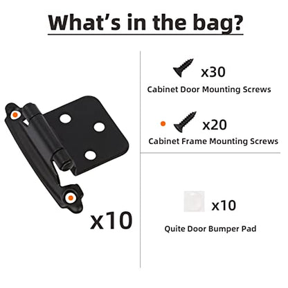 Decobasics 1/2" Overlay Matte Black Cabinet Hinges (5 Pair -10 Pcs) Self Closing Bath & Kitchen Cabinet Hinges Black Flush Mount w/Door Bumpers & Upgraded Screws - color: Matte Black, size: 10 Pack