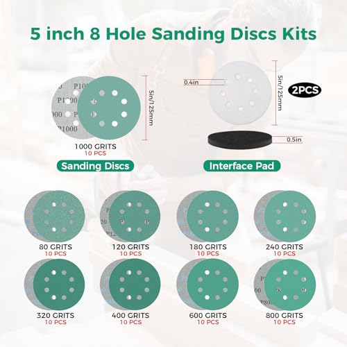90pcs 5 inch 8 Hole Zirconia Hook & Loop Sanding Discs with Interface Pad - size: 92pcs