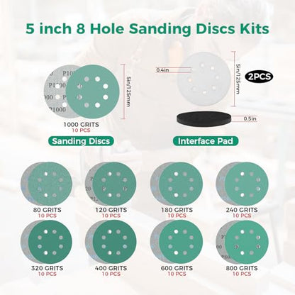 90pcs 5 inch 8 Hole Zirconia Hook & Loop Sanding Discs with Interface Pad - size: 92pcs