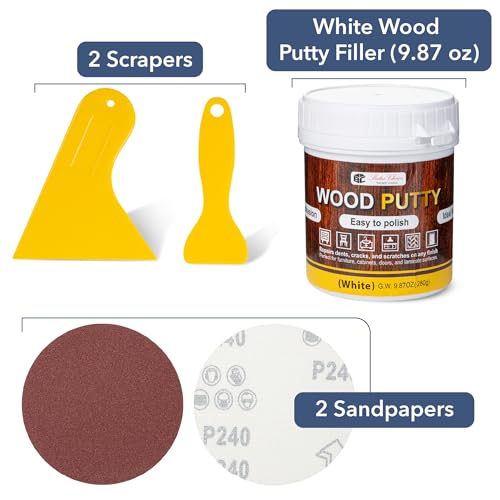 Bates- Wood Filler Putty Repair Kit, 9.87 Ounce, 2 Scrapers, 2 Sandpapers, White Wood Putty Filler Paintable & Stainable for Cracks, Holes and Defects in Wooden Furniture - color: White