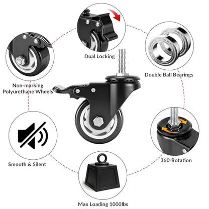 Caster Wheels with Threaded Stem,3 Inch Locking Casters Set of 4 - size: 3"24pack