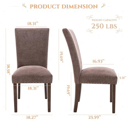 Parsons Dining Chairs Set of 4, Upholstered Nailhead Dining Room Kitchen Side Chair with Thick Cushions and Wood Legs, Brown - color: Brown, size: set of 4