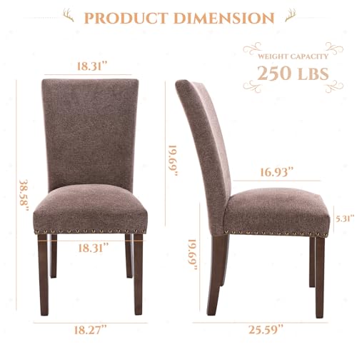 Parsons Dining Chairs Set of 6, Upholstered Nailhead Dining Room Kitchen Side Chair with Thick Cushions and Wood Legs, Brown - color: Brown, size: set of 6