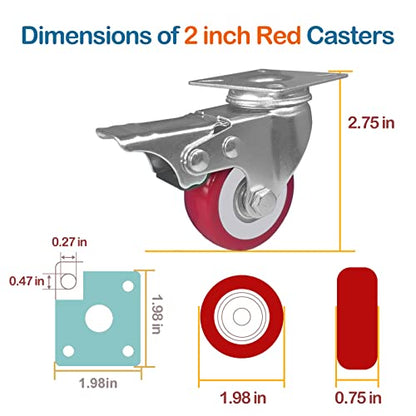 2 inch Casters Load 800lbs, Set of 4 with Brake, Advanced Polyurethane (PU) Floor Protection, Noise-Free 360 Degree Swivel Plate, Set of 4 (Includes Complete Screws Sets with Accessories) - size: 2 inch Red