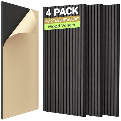 TONOR 4-Pack Acoustic Wood Veneer Wall Panels, 47.2” * 23.6” * 0.74” 3D Self-Adhesive Panel, Dual Layer Soundproof Tiles for Echo Absorption, Decorative Acoustical Barrier, Blackwood Veneer