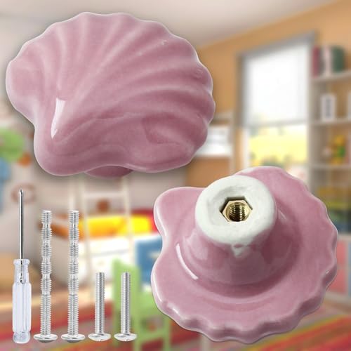 2pcs Ceramic Shell Pink Drawer Knobs, Cute Cabinet Pulls for Kids - color: Pink + Shell Shape, size: 2 Pack