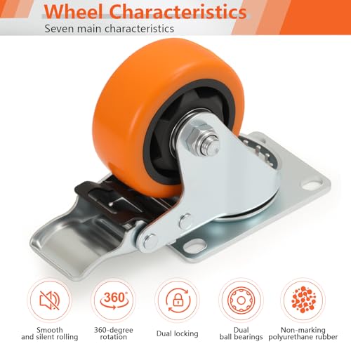 3 Inch Heavy Duty Casters Set of 4, 2 Rigid + 2 Locking, Orange PU