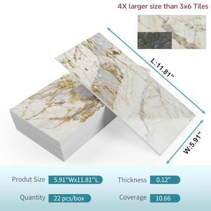Vamos Tile Peel & Stick Backsplash on Subway Tile,22-Pack 6''x12'',Glossy - color: Gold Veining Pandora Marble with White Grout