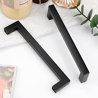 Probrico (5 Pack) Matte Black Square Cabinet Pulls Stainless Steel 5 Inch(128mm) Hole Center Drawer Handles Modern Kitchen Cabinet Hardware - color: Black, size: hole center 5"