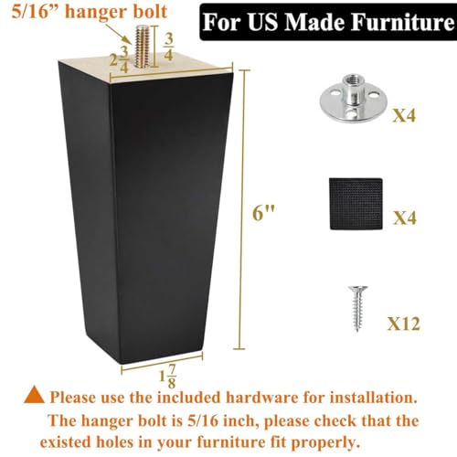 6 inch Furniture Legs Black Couch Legs Set of 4 Ottoman Replacement Sofa Legs for Sectional, Dresser, Recliner, Nightstand (6 inch (4pcs)) - size: 6 inch (4pcs)