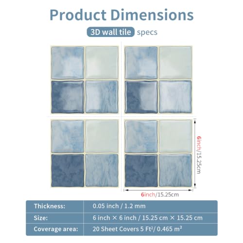 20pcs Peel and Stick Tiles Kitchen Backsplash,Ocean Blue, 6"x6" - color: Ocean Blue