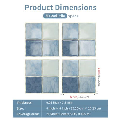 20pcs Peel and Stick Tiles Kitchen Backsplash,Ocean Blue, 6"x6" - color: Ocean Blue