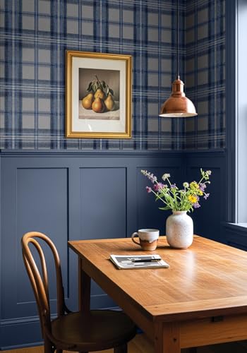 NextWall Harry & Grace Herringbone Plaid Premium Matte Non-Woven Peel and Stick Wallpaper (Blue Smoke) - color: Blue Smoke