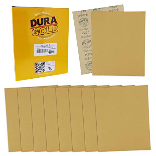 Dura-Gold Premium 9" x 11" Gold Sandpaper Sheets, 220 Grit (Box of 10) - size: 220-Grit