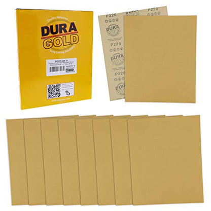 Dura-Gold Premium 9" x 11" Gold Sandpaper Sheets, 220 Grit (Box of 10) - size: 220-Grit