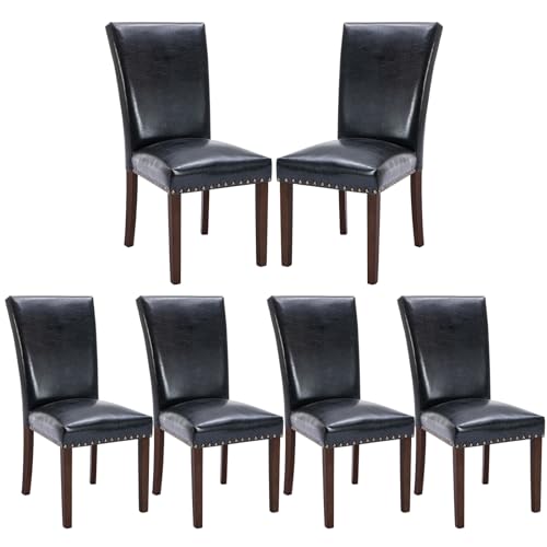 COLAMY Upholstered Parsons Dining Chairs Set of 6, PU Leather Dining Room Kitchen Side Chair with Nailhead Trim and Wood Legs - Black - color: L-black, size: Set of 6