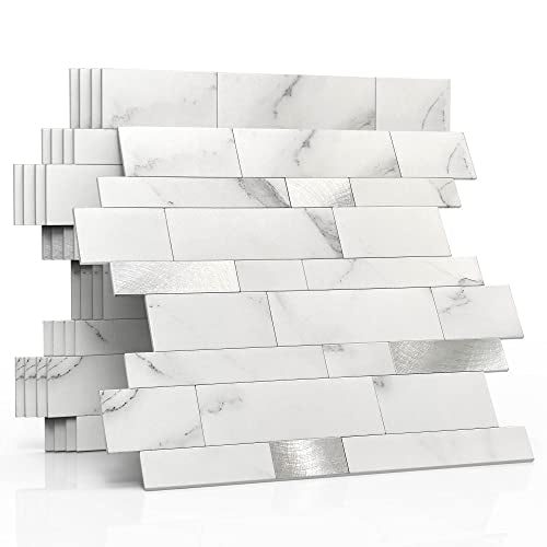 Stone Peel Stick Backsplash Tiles Kitchen Wall White Silver 10pcs - color: White Silver, size: 10sheets
