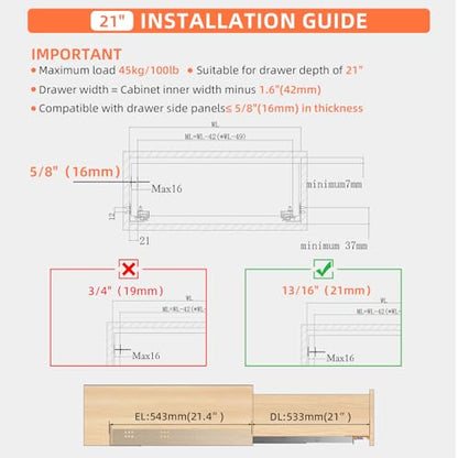 21” Undermount Drawer Slides Soft Close 100 lbs with Bracket 1 Pair - color: 1 Pair, size: 21 Inch