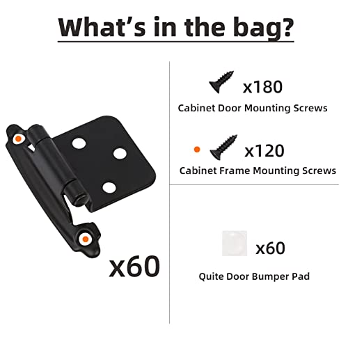 Decobasics 1/2" Overlay Matte Black Cabinet Hinges (30 Pair -60 Pcs) Self Closing Bath & Kitchen Cabinet Hinges Black Flush Mount w/Door Bumpers & Upgraded Screws - color: Matte Black, size: 60 Pack