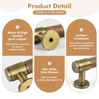 SALISENG-5 Pack Walnut Wood and Antique Brass Kitchen Cabinet Pulls,6.3 Inch Brass Dresser Drawer Handles, Modern Furniture Pulls for Cupboard Wardrobe Closet Cabinet Hardware - size: 6-3/10 Inch Hole Center