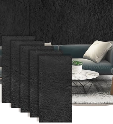 Faux Stone Wall Panels, 5-Pack 3D PU Cement-Texture Panels, Black - color: Black