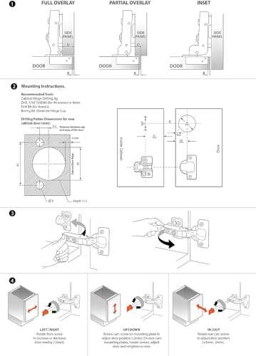 DecoBasics Full Overlay European Soft Close Cabinet Hinges for Kitchen Cabinets (6 Pcs) -105° Frameless Concealed Cabinet Door Hinge -4 Way Adjustability & Clip on Plate for Easy Installation - size: Full Overlay