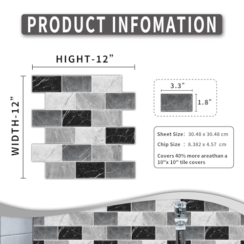 10 Sheets Peel and Stick Backsplash for Kitchen 12"X12" Renter Friendly Backsplash Back Splash Adhesive Subway Wall Tile Flat Vinyl Sticker for Bathroom Grey Marble (Not 3D Tile)