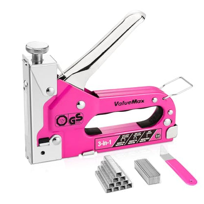 ValueMax Staple Gun, Heavy Duty 3-in-1 Manual Nail Gun with 2000 Staples, Remover, Upholstery Stapler for Wood, Furniture, Carpet, Carpentry, DIY, Wire, Decoration, Craft, Fixing Material, Decoration - style: Purple Red & 2000 Staples